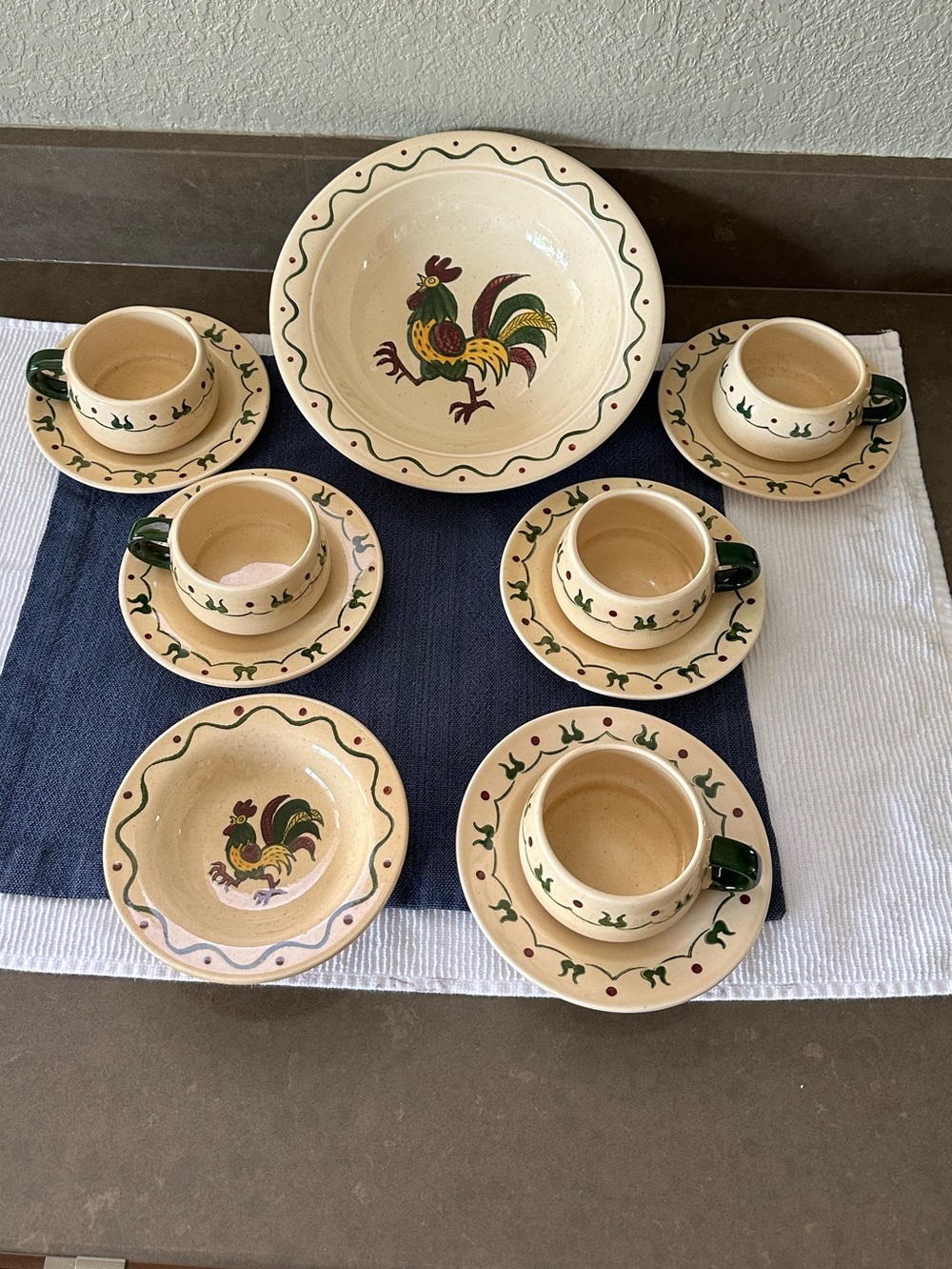 Metlox Poppytrail Green Rooster Set-2 Bowls-5 Cups & Saucers-Made in California